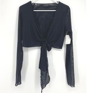 Good American Womens Black Sheer Tie Front Long Sleeve Cover Up Top Size L